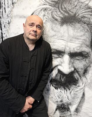 thierry Ehrmann in front of Brancusi&rsquo;s painted portrait at The Abode of Chaos