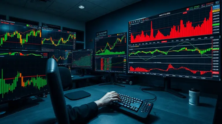 Trading desk with Bitcoin and altcoin price charts, illustrating altcoin volume running four times higher than Bitcoin's