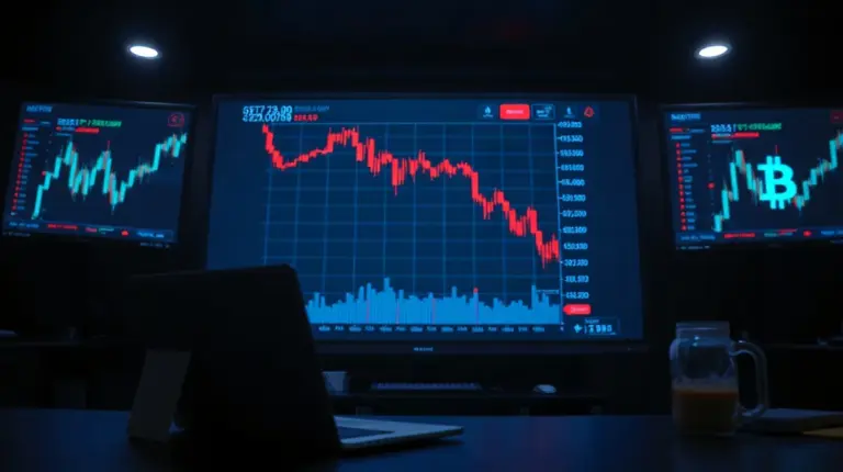 Bitcoin price chart showing a sharp drop below $84,000 on a trading screen, with red candlesticks indicating a sell-off.