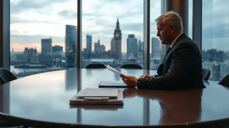 UK banking executive reviewing documents in a London office overlooking the financial district at dusk
