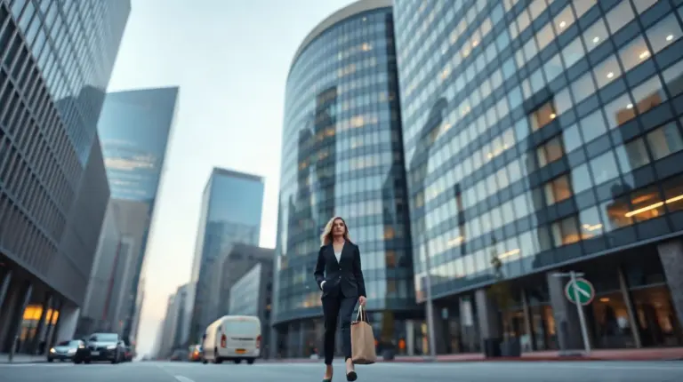 A finance professional walks toward a glass office tower at dawn, illustrating OpenPayd's planned Nasdaq listing.