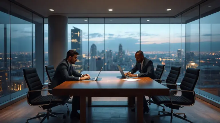 Business figures meeting in a Manhattan high-rise office, illustrating reported partnership talks between Payward and BNY.