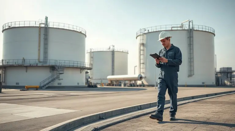Fuel storage tanks and pipeline infrastructure at a Brazilian refinery site illustrating blockchain-tracked sustainable fuel data